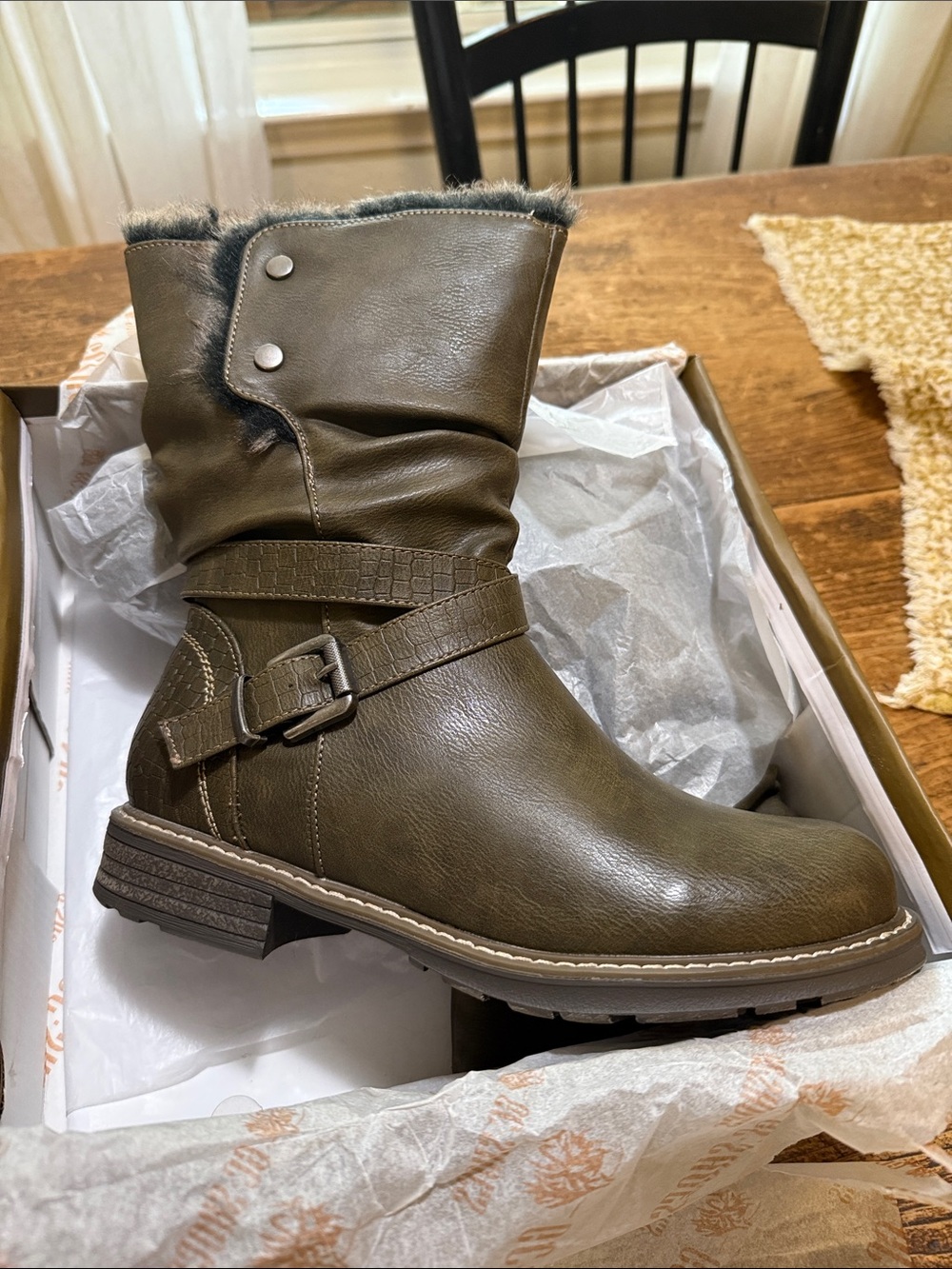 Faux-Fur Lined Ankle Boot with Buckle Strap - Olive